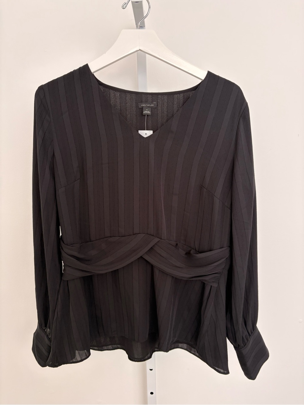 Ann Taylor Black Vertical-Stripe Twist-Waist Blouse